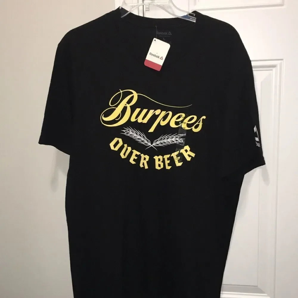 New Reebok fitness work Burpees over Beer training gym workout t shirt L